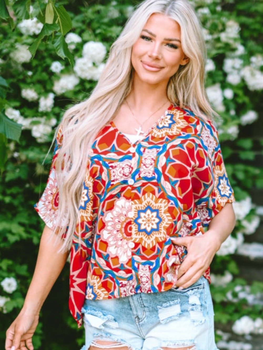 Vibrant Red Floral V-Neck Button Front Women’s Batwing Sleeve Blouse